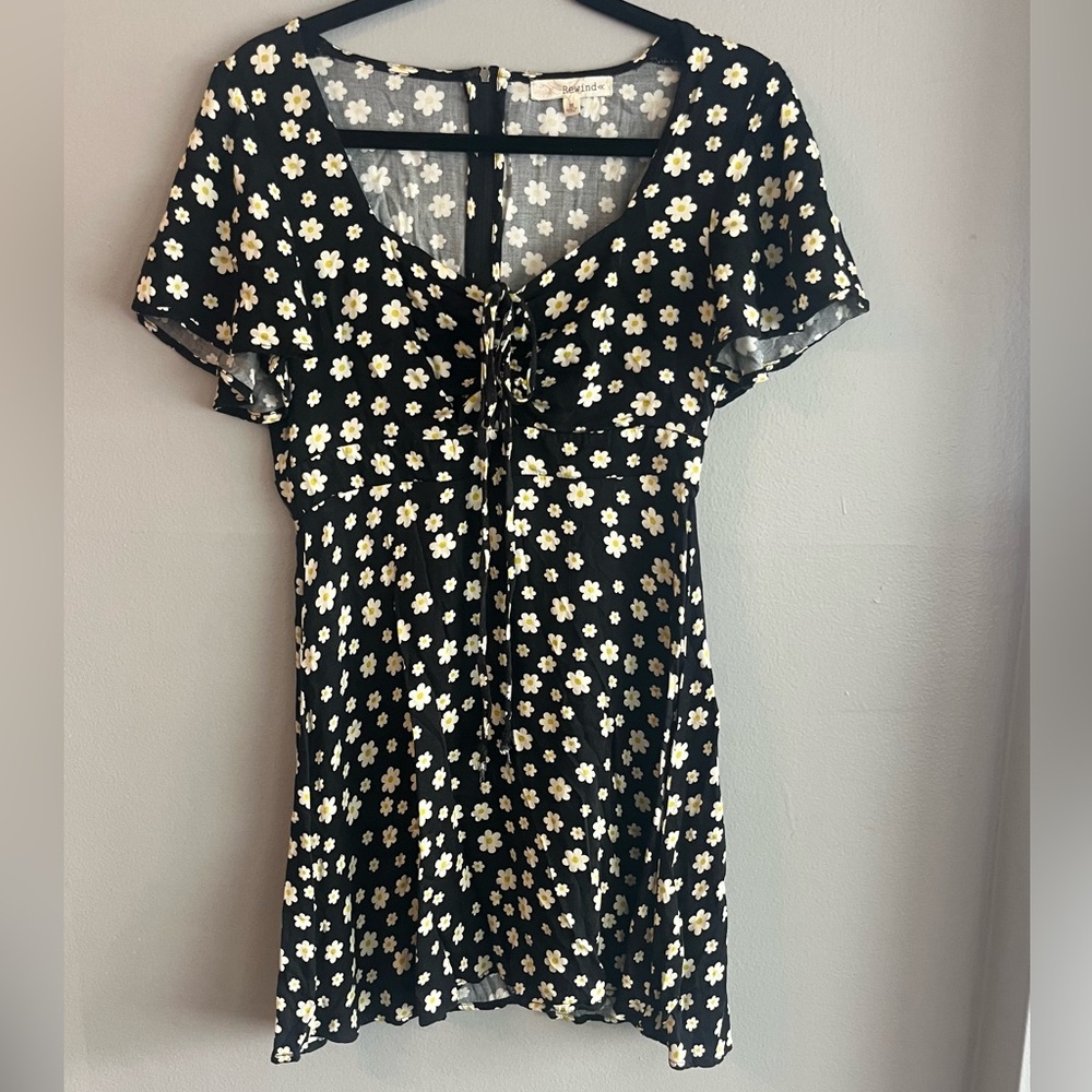 Rewind Black Mini Dress with White and Yellow Daisy Print